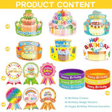 108Pcs Happy Birthday Kits For Kids Classroom Birthday Crowns Rubber Bracelets Badge Stickers School Teachers Students Kindergarten Party Supplies