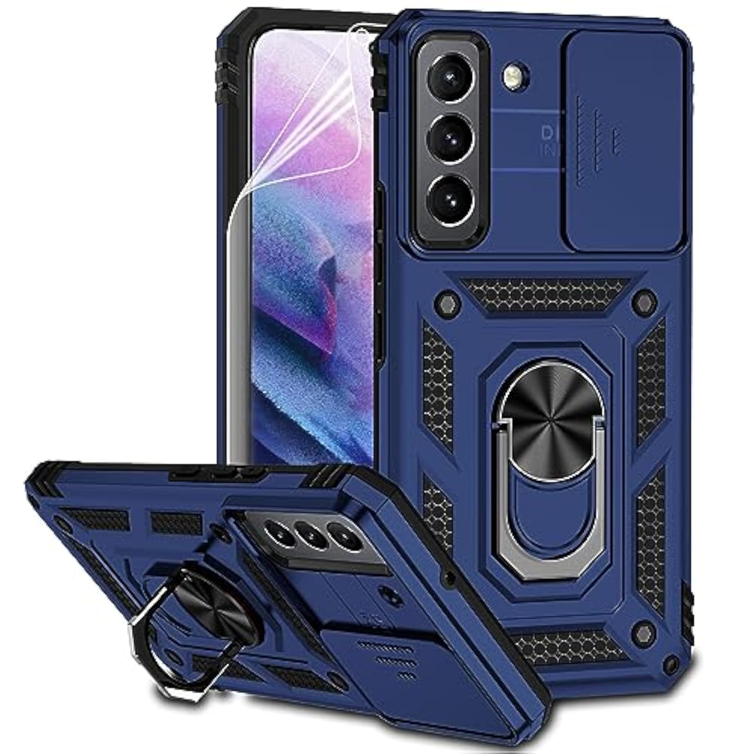 For Samsung Galaxy S22 Plus Case With Camera Lens Cover Hd Screen Protector, Military-Grade Drop Tested Magnetic Ring Holder Kickstand Protective Phone Case For Samsung Galaxy S22+ Plus 5G (Navy Blue)