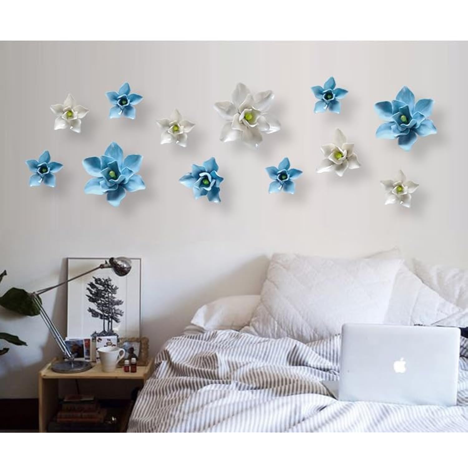 3D Ceramic Flower Wall Art Handmade Porcelain Flower Decoration For Home Office Decor (White,Magnolia Flower, 3.94")