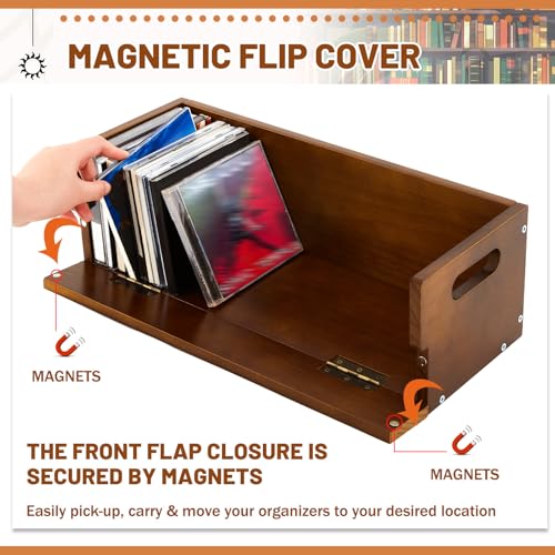 4 Set Wooden CD Storage Box Holder Shelf Cassette Tape Display Racks with Carrying Handles, Organizer Shelf for Movie Cases, DVDs, Each Set Can Store