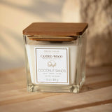 Candle Wood Collection, 15 Oz, 1 Wooden Wick, Coconut Sands, Square Glass Jar Candle