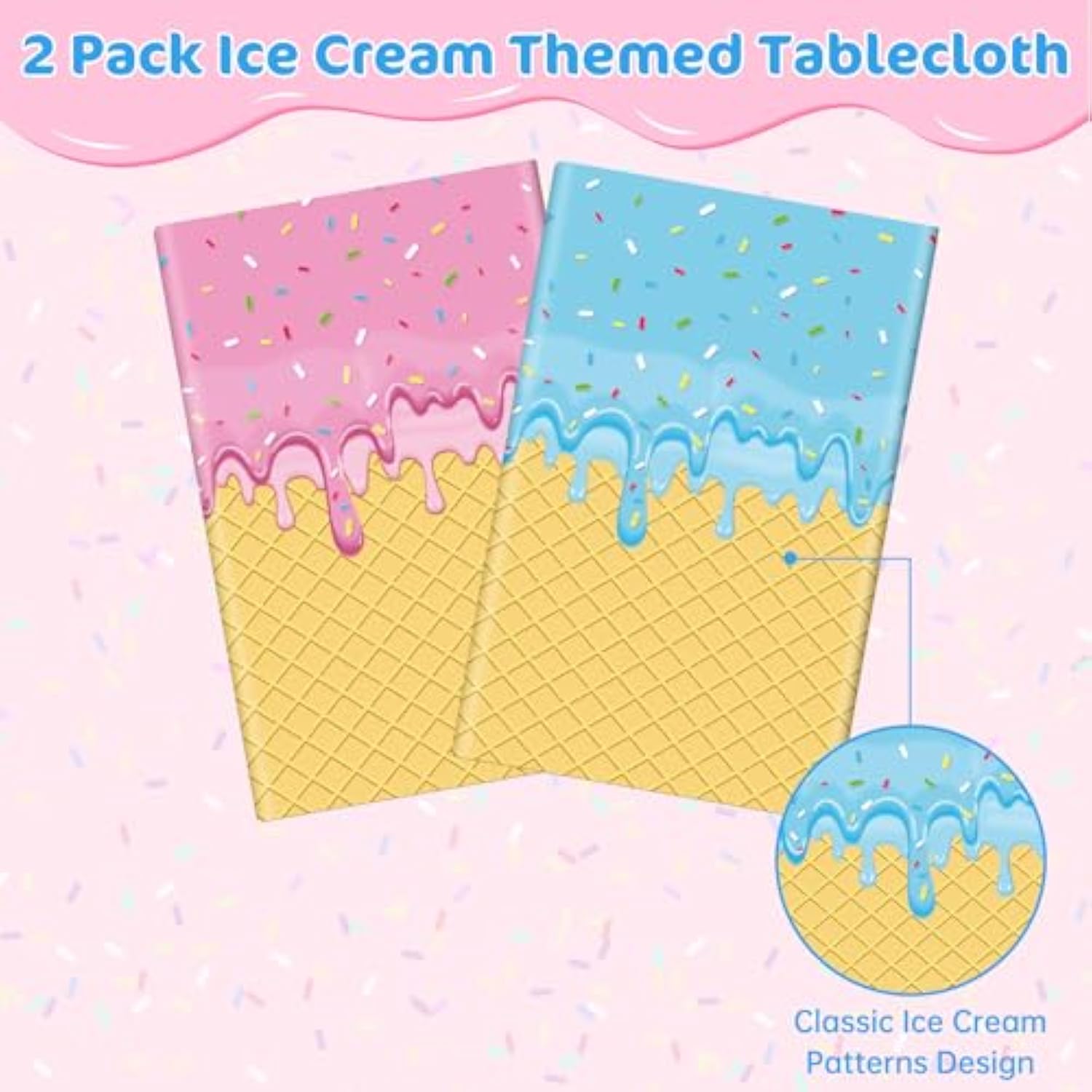 2 Pcs Ice Cream Table Cloth - Blue Pink Disposable Party Tablecloth Decorations, Plastic Rectangle Summer Bar Table Covers For Ice Cream Baby Shower Birthday Party Supplies Tables Decor, 54 X 108Inch