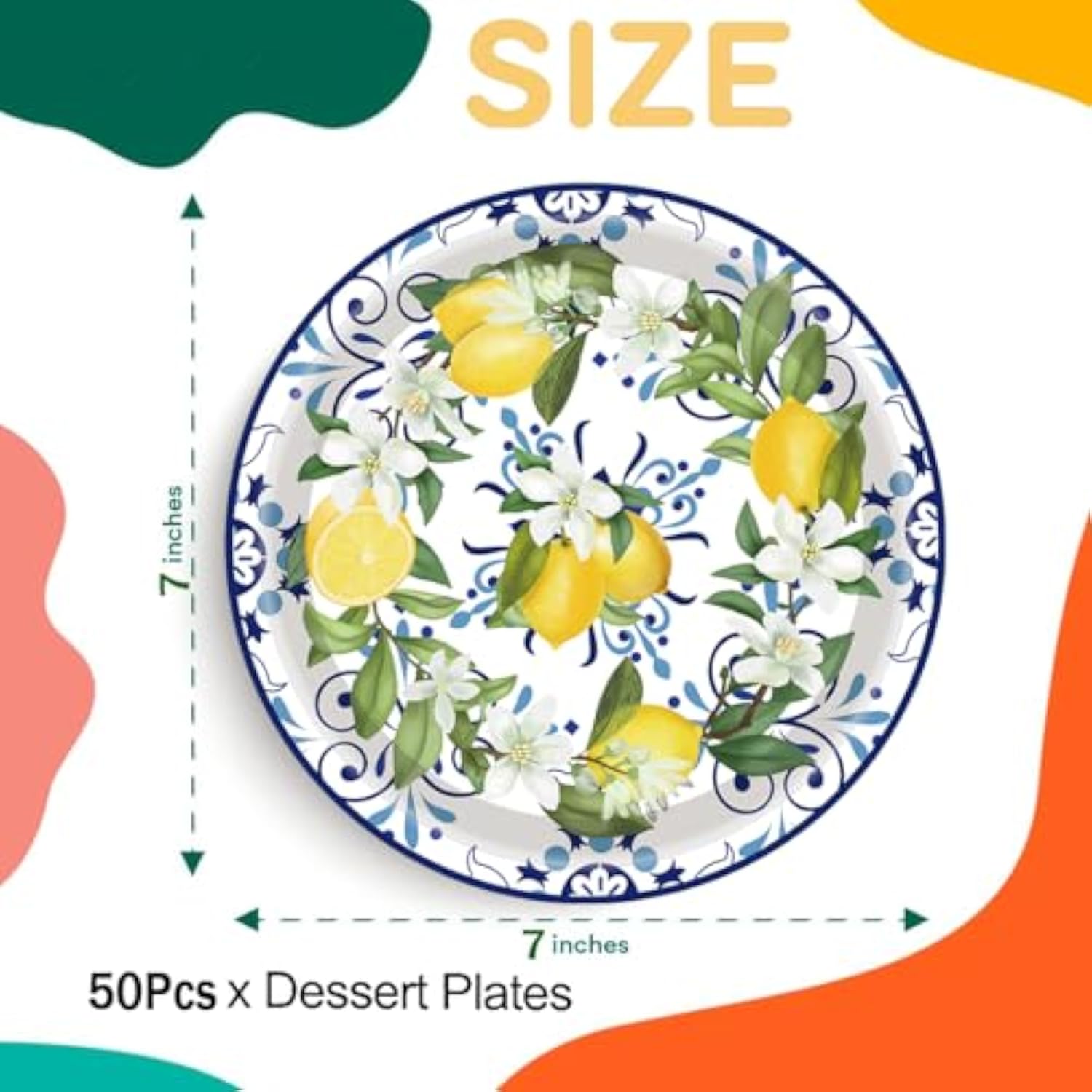 50Pcs Capri Lemon Party Supplies7"Lemon Paper Plates Blue Tiles Yellow Lemon Party Plates Capri Lemon Plates Summer Citrus Fruit Paper Plates For Summer Birthday Lemons Party Decoration (Blue Tile)