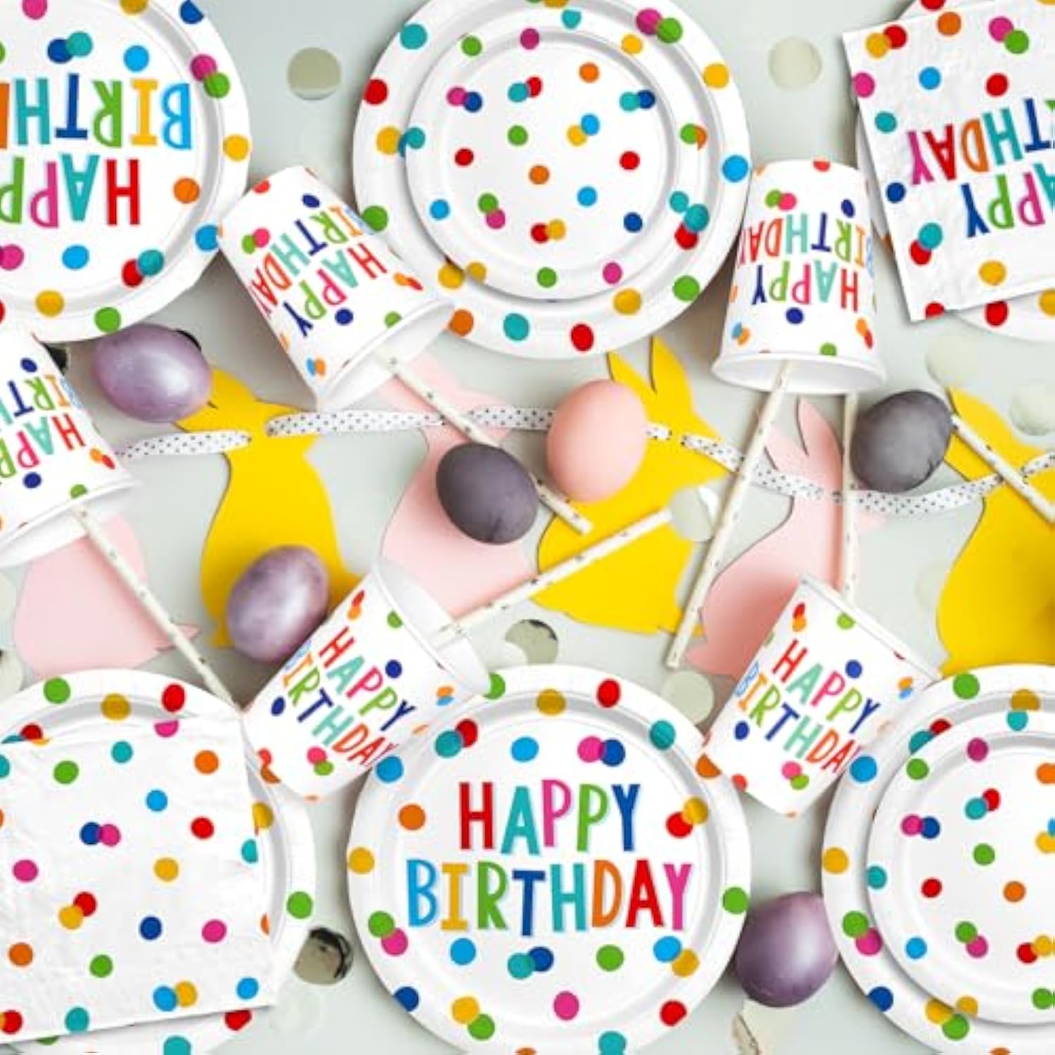 Happy Birthday Decorations: Happy Birthday Party Supplies Set With Birthday Dots Design- Includes Disposable Paper Birthday Plates And Napkins, Cups, Tablecloth, And Banner For Boys/Girls, Serves 25.