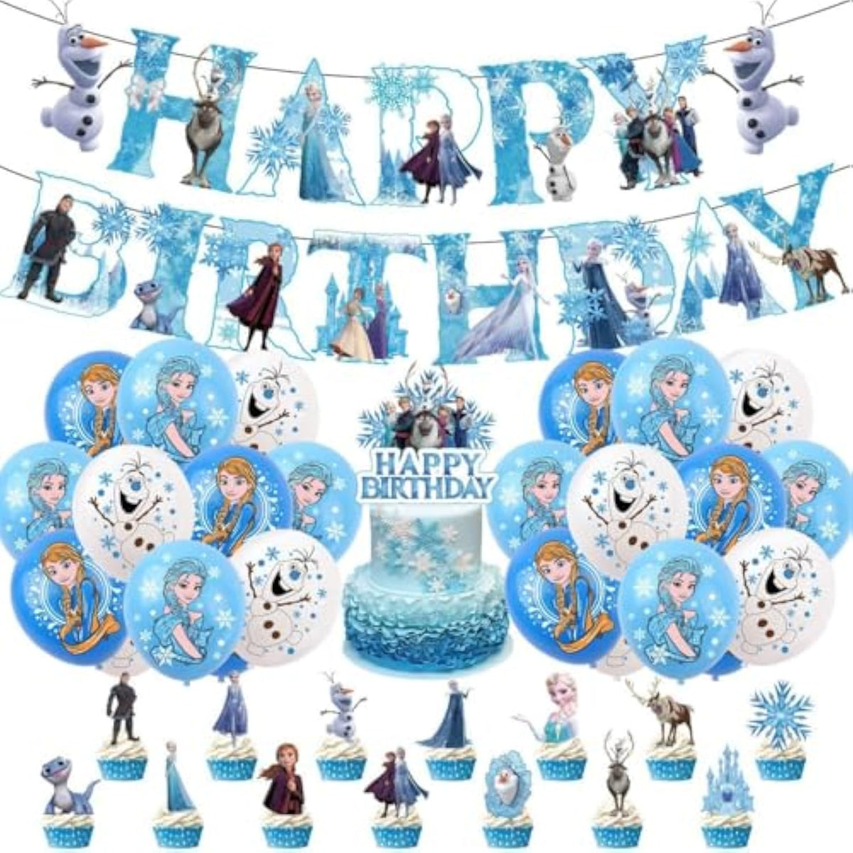 49Pcs Frozen Theme Party Set with DIY Cake Toppers and Backdrop for Kids