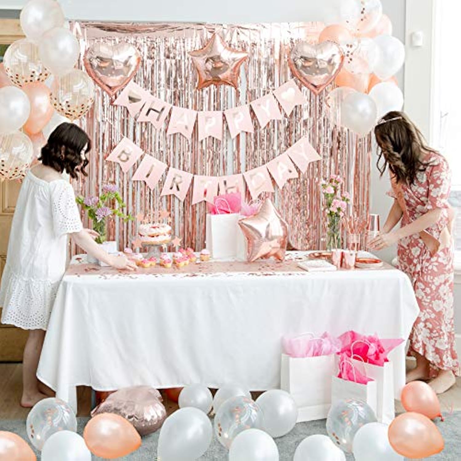 225 Pc Rose Gold Birthday Party Decorations Kit For Girls, Teens, Women - Happy Birthday Banner, Curtains, Table Runner, Balloons, Sash, Tiara, Cake Topper, Plates, Cups, Napkins, Straws For 25 Guests