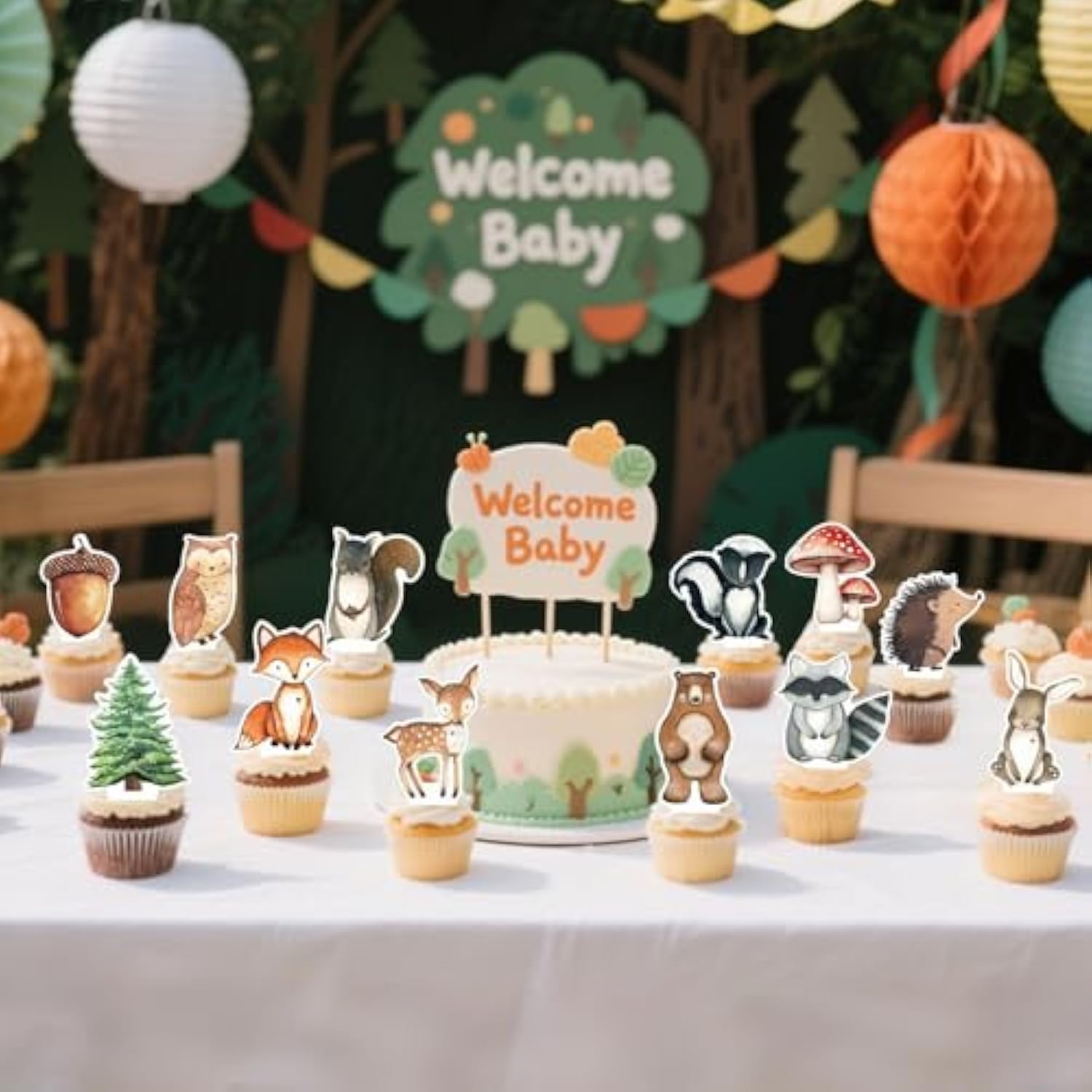 48 Woodland Cupcake Topper, Forest Animal Cupcake Toppers For Woodland Baby Shower Decorations, Neutral Forest Animals Gender Reveal Party Supplies