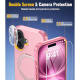 Magnetic For Iphone 16 Plus Case Compatible With Magsafe [Foldable Invisible Stand][Tempered Glass Screen Protector & Camera Lens Protector] 15Ft Military Dropproof Phone Case (Pink)