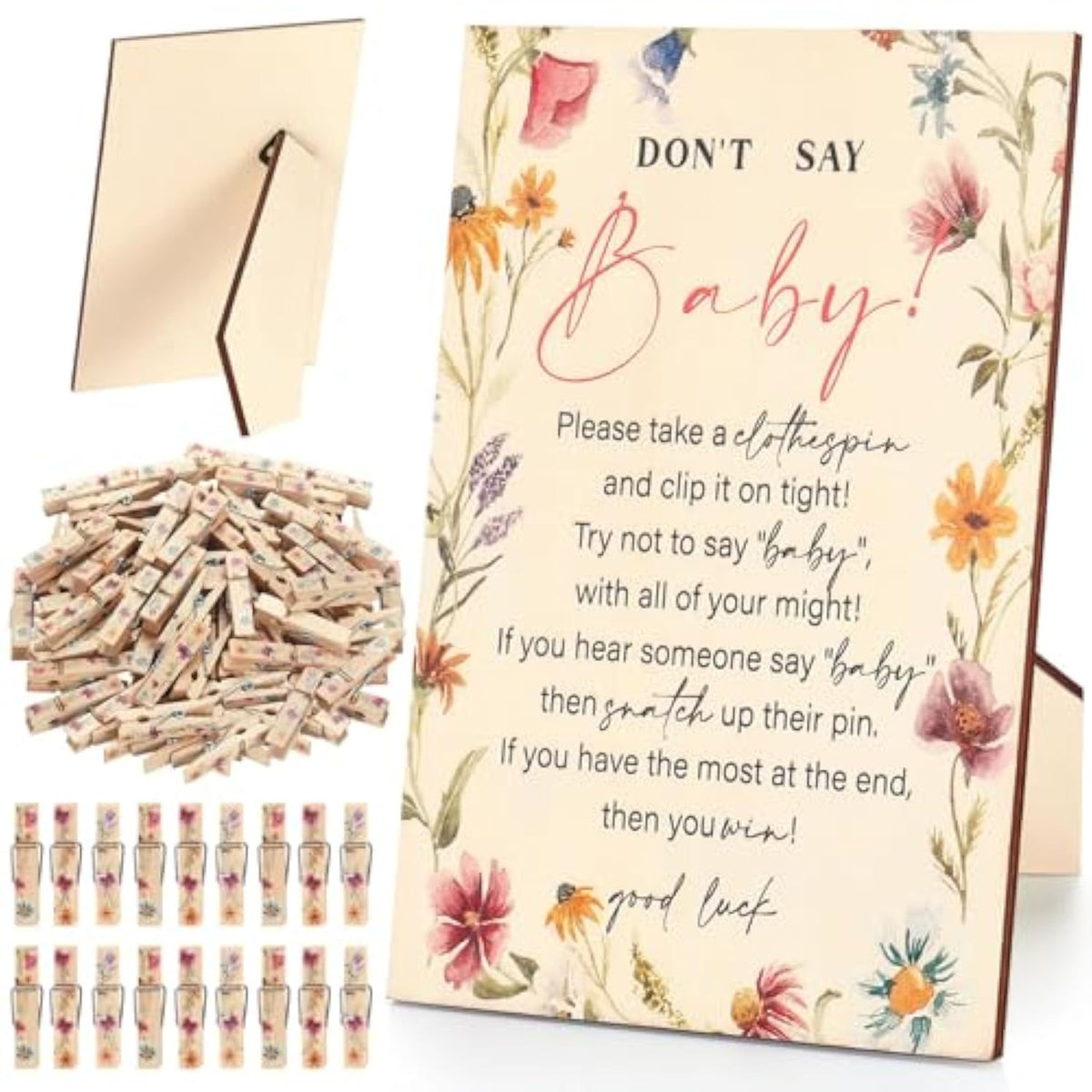 Baby Shower Games Supplies 1 Pcs Don'T Say Baby Clothespin Game Wooden Tabletop Sign With Stand And 50 Mini Natural Clothespins Floral Themed Clothes Pins Gender Reveal Party Decoration