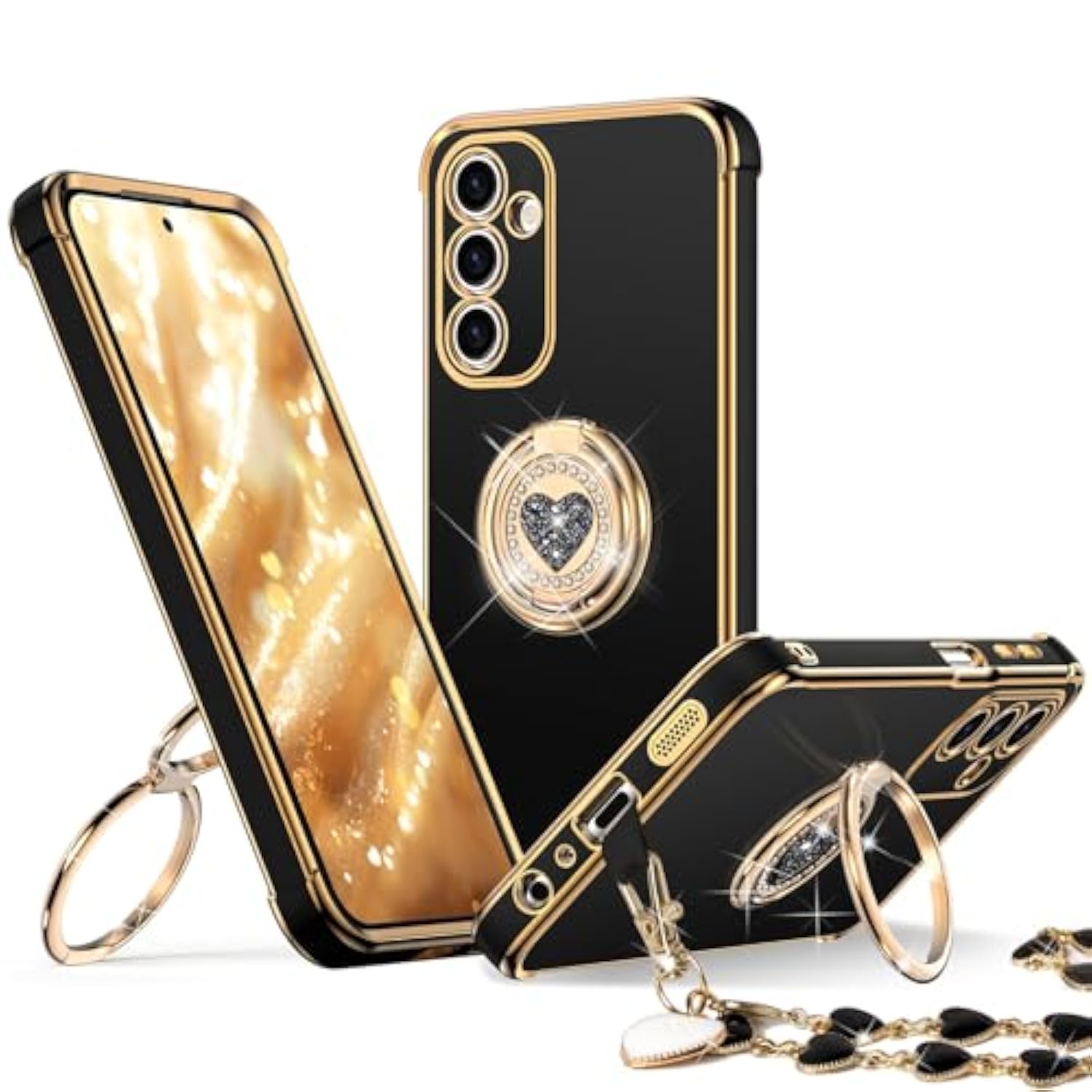 For Samsung Galaxy A15 5G Case With Stand,Phone Case With Double Ring Kickstand, Women Girls Bling Luxury Protective Phone Cover Heart For Samsung A15 5G, Black