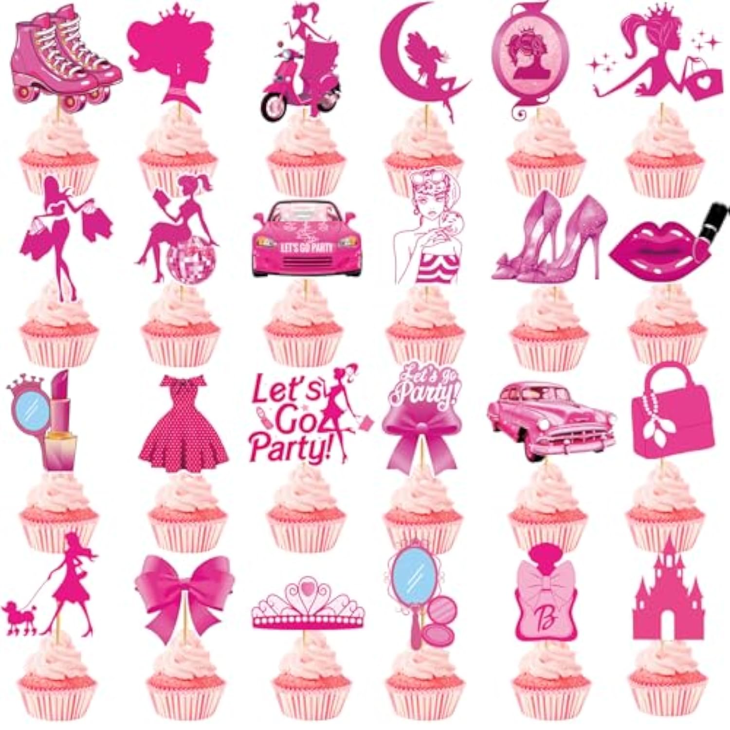 48 Pcs Hot Pink Girls Cupcake Toppers Princess Cake Decorations Girls Birthday Party Bachelorette Party Bridal Shower Supplies