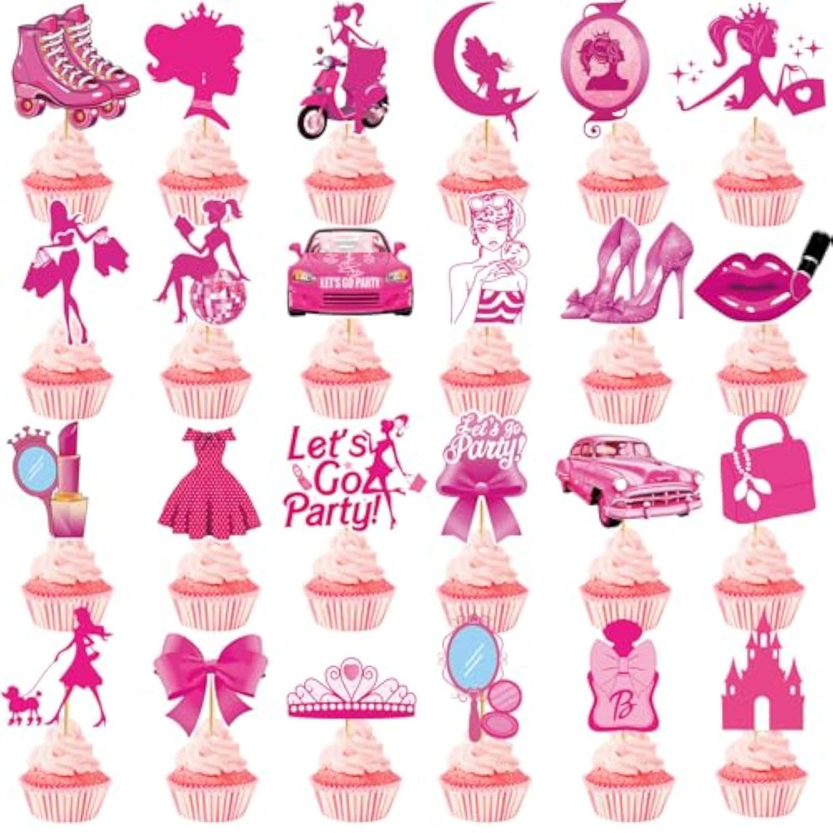48 Pcs Hot Pink Girls Cupcake Toppers Princess Cake Decorations Girls Birthday Party Bachelorette Party Bridal Shower Supplies