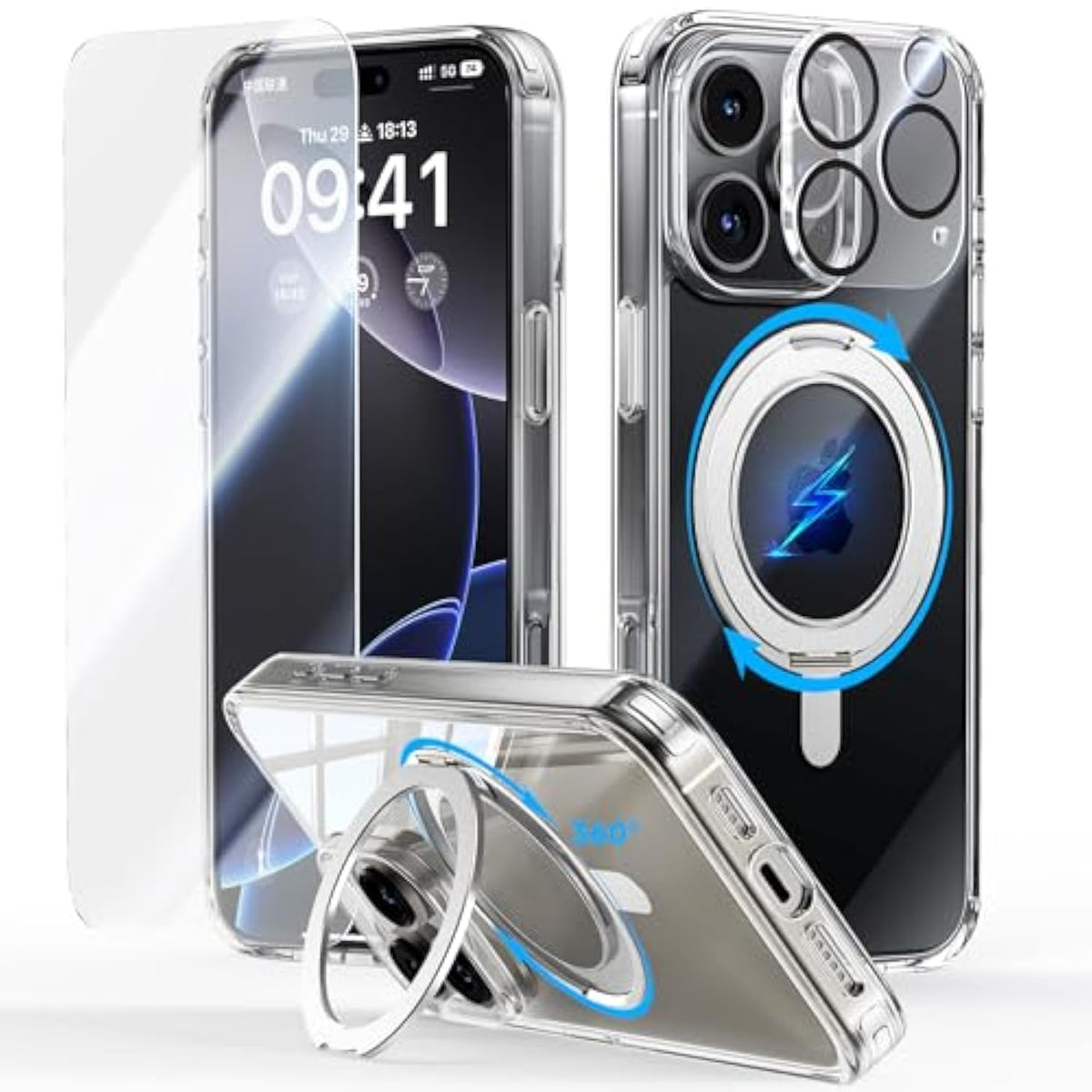 3 In 1 For 16 Pro Max Case, [Non-Yellowing] 360° Rotatable Magnetic Ring Stand With [Rotary Damping Sound] [1X Screen Protector + 1X Camera Lens Protector] Phone Cover 6.9", Clear