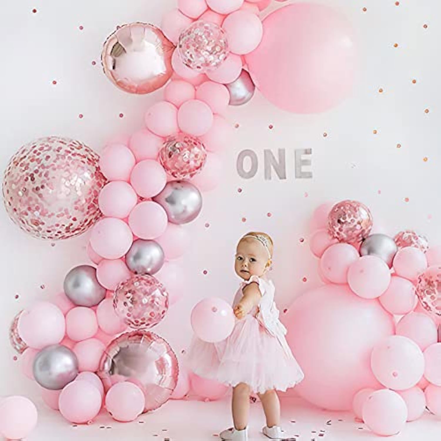 Pink Balloon Set - 60pcs Pink, White, Silver & Confetti Balloons for Birthday Party Decor