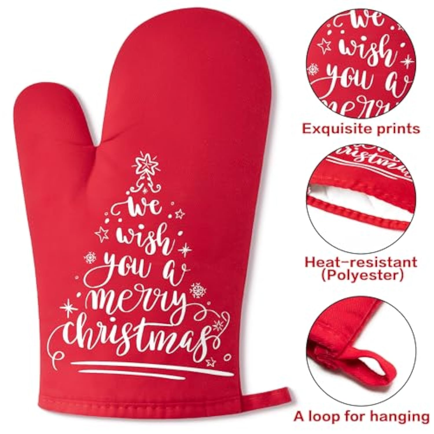 6Pcs Christmas Oven Mitts Pot Holders Baking Gift, We Wish You A Merry Christmas Resistant Hot Pad Machine Washable Gloves With Hanging Loop Pocket Potholder For Kitchen Cooking Grilling Red