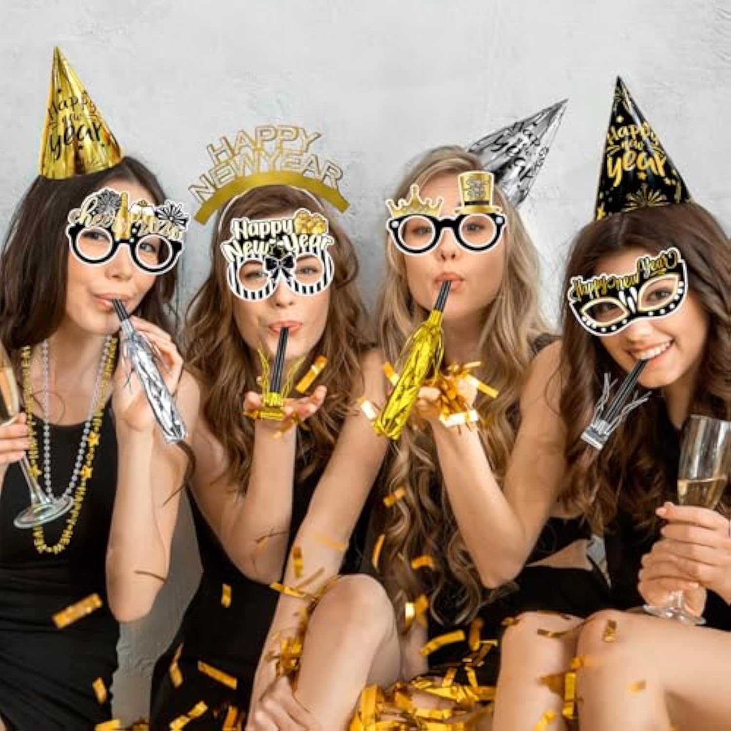 48-Piece New Year 2026 Party Favors Set with Hats, Glasses, and Noisemakers