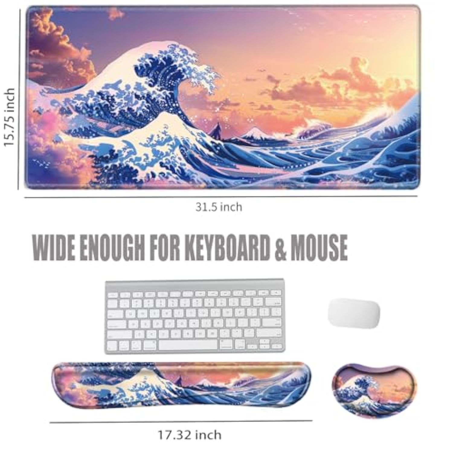 Gaming Mouse Pad With Wrist Support Japanese Sea Wave Desk Mat Large Mousepad And Keyborad Wrist Rest 31.5" X 15.75" Computer Mat Xxl Mouse Mat For Office Work