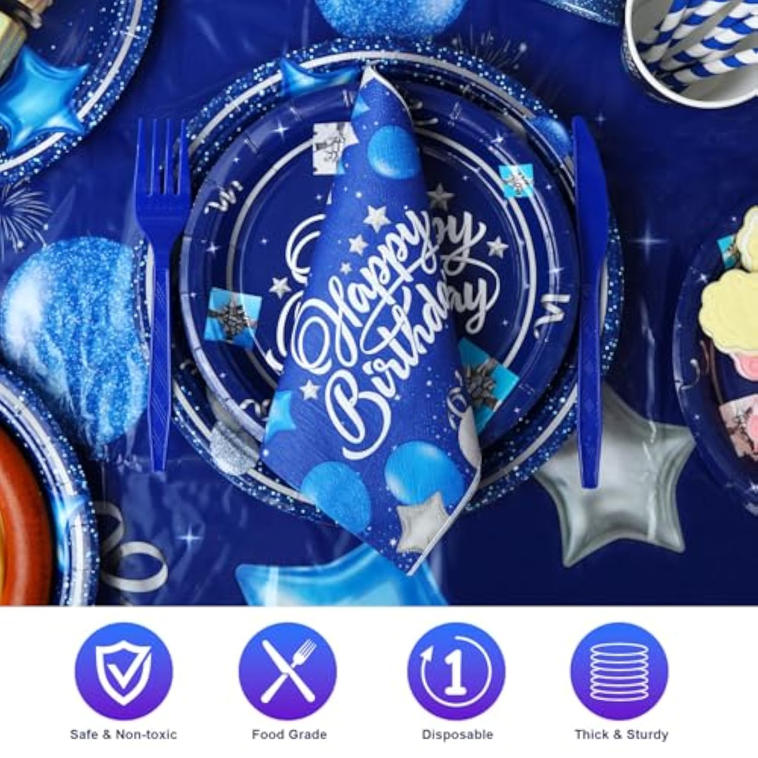 176-Piece Navy Blue Party Tableware Set with Plates, Cups, Napkins & More