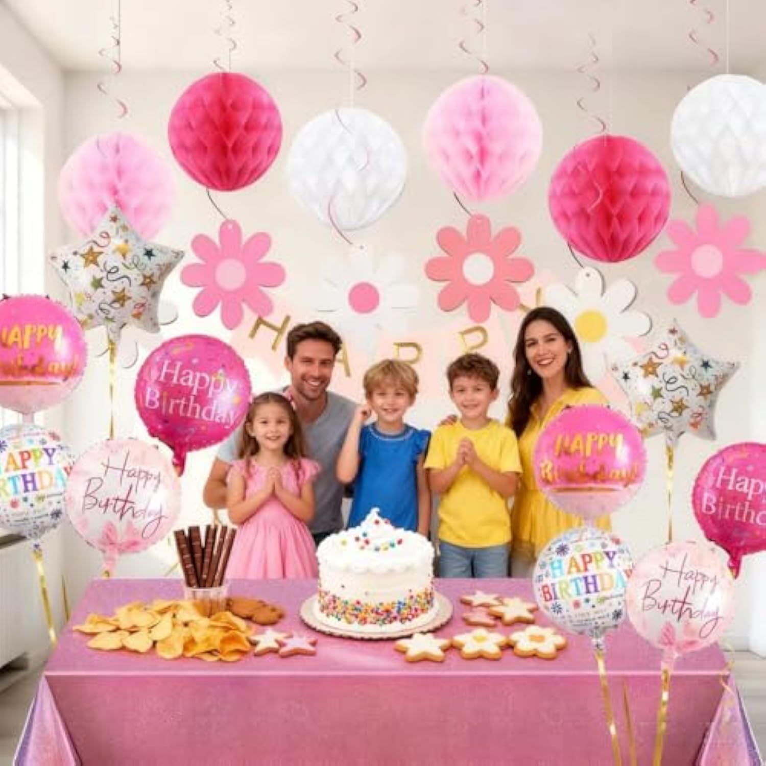 Pink And White Happy Birthday Banner Decorations With Tablecloth, Pom Poms, Stars Swirl Streamers For Girls Women Birthday Party Decorations