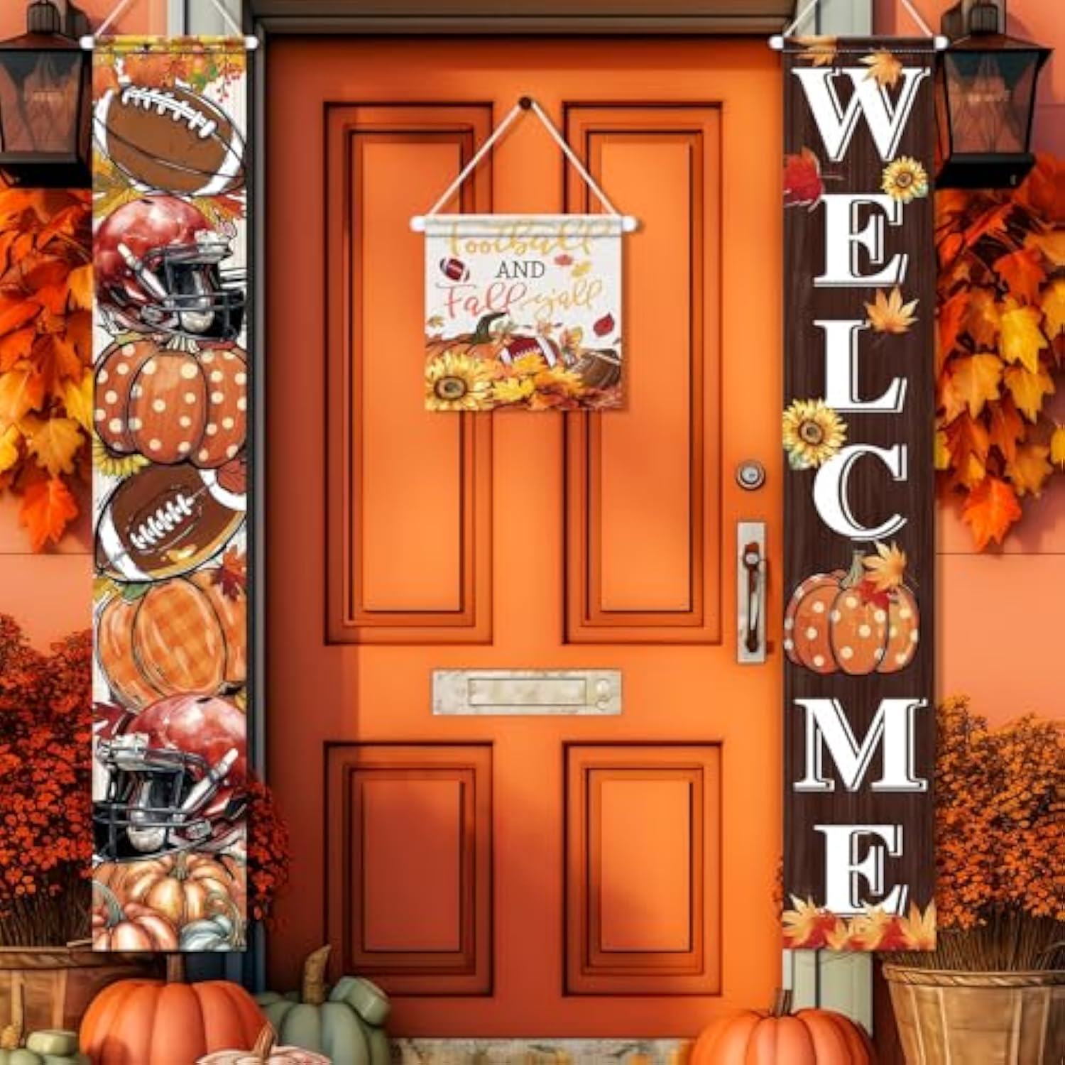 3Pcs Thanksgiving Decorations Football And Fall Y'All Yard Sign Autumn Football Welcome Door Cover Banner Autumn Pumpkins Rustic Seasonal Farmhouse Thanksgiving Decoration Home Outdoor Decor