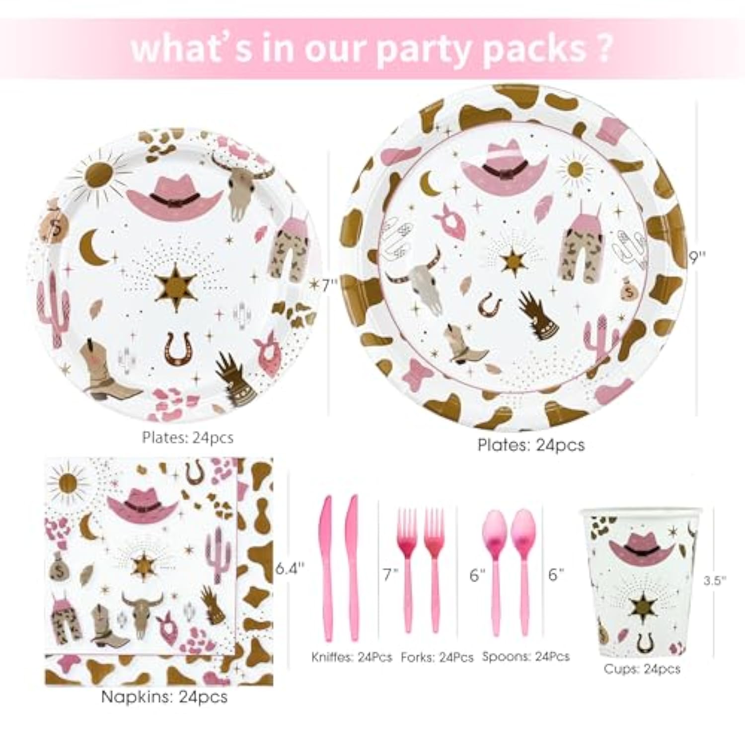 Cowgirl Party Supplies Set: Western Theme Tableware for 24