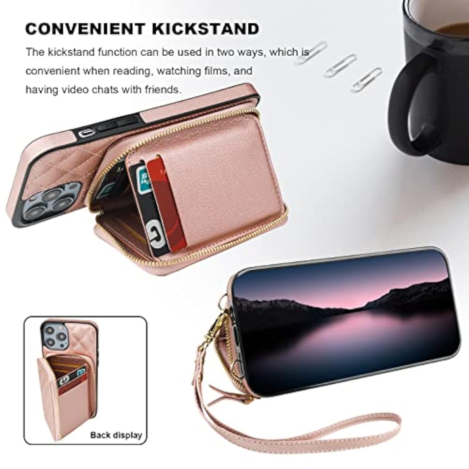 Crossbody Wallet Case For 14 Pro Max, Rfid Blocking Pu Leather Zipper Handbag Purse Flip Cover, Kickstand Folio Case With Card Slots Holder Wrist Strap Lanyard 5G 6.7 Inch (Rose Gold)