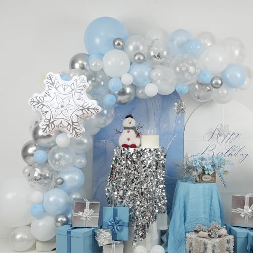 Blue Snowflakes Balloon Arch Kit Pastel Blue Silver White Christmas Balloon Garland Kit with Snowflakes Foil Balloons Xmas Winter Snow Onederland Ice Theme New Year Holiday Party Decorations 110 Pcs