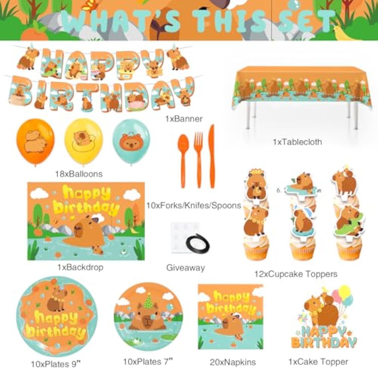 Capybara Party Decor Supplies Balloons Backdrop Banner Cake Toppers Tableware