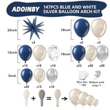 Navy Blue Silver White Balloon Arch Kit, Double Stuffed Pearl Sand White Royal Dark Blue Chrome Silver Confetti Balloons Garland Kit for Birthday Graduation 2026 New Years Party Decoration