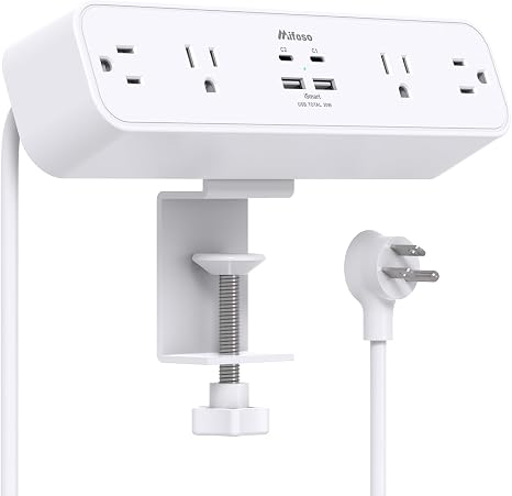 PD30W Desk Clamp Power Strip 4 Outlets 4 USB Ports 2 USB C Fast Charging 5FT Cord Black