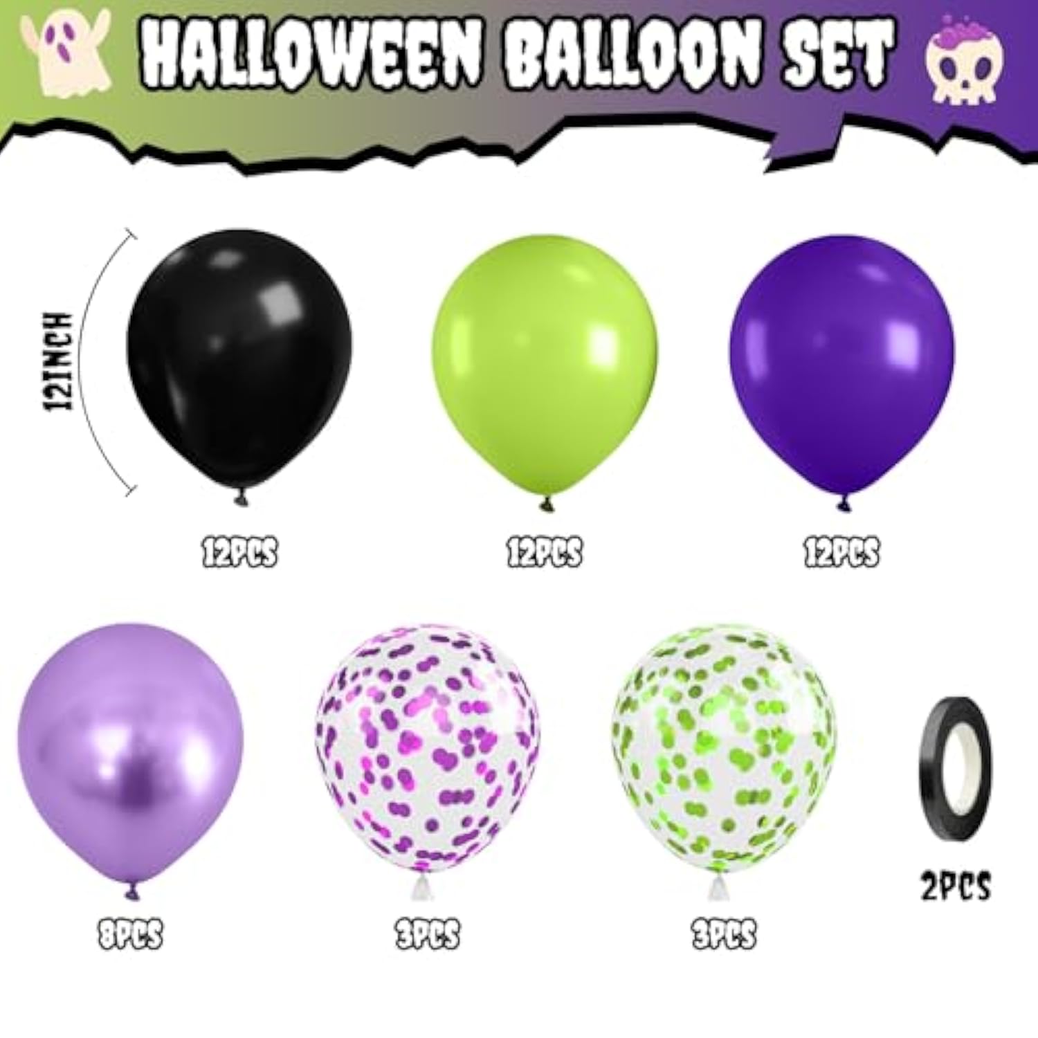 Purple Green Black Halloween Balloons Set 12 Inch Latex Confetti Party Decor