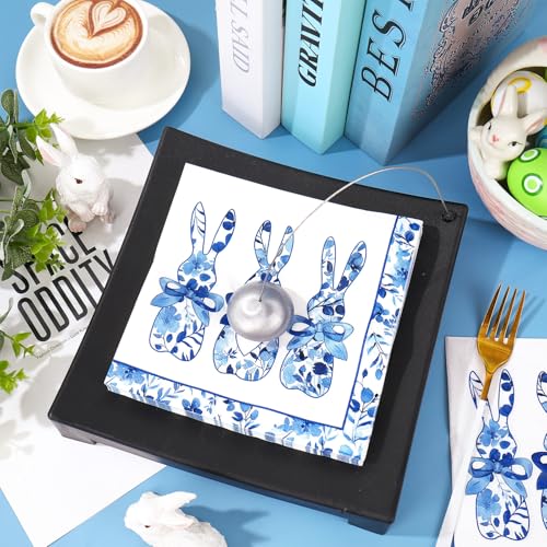 50 Pcs Easter Paper Napkin Blue Chinoiserie Bunny Disposable Luncheon Napkins Rabbit Decorative Dinner Napkin for Holiday Birthday Baby ShowerParty Tableware Supplies
