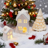 Ceramic Christmas Village Houses, 3Pcs Led Lighted Porcelain White Small House And Xmas Tree Tabletop Figurines, Light Up Christmas Decorations For Home Shelf Cabinet Table Winter Decor
