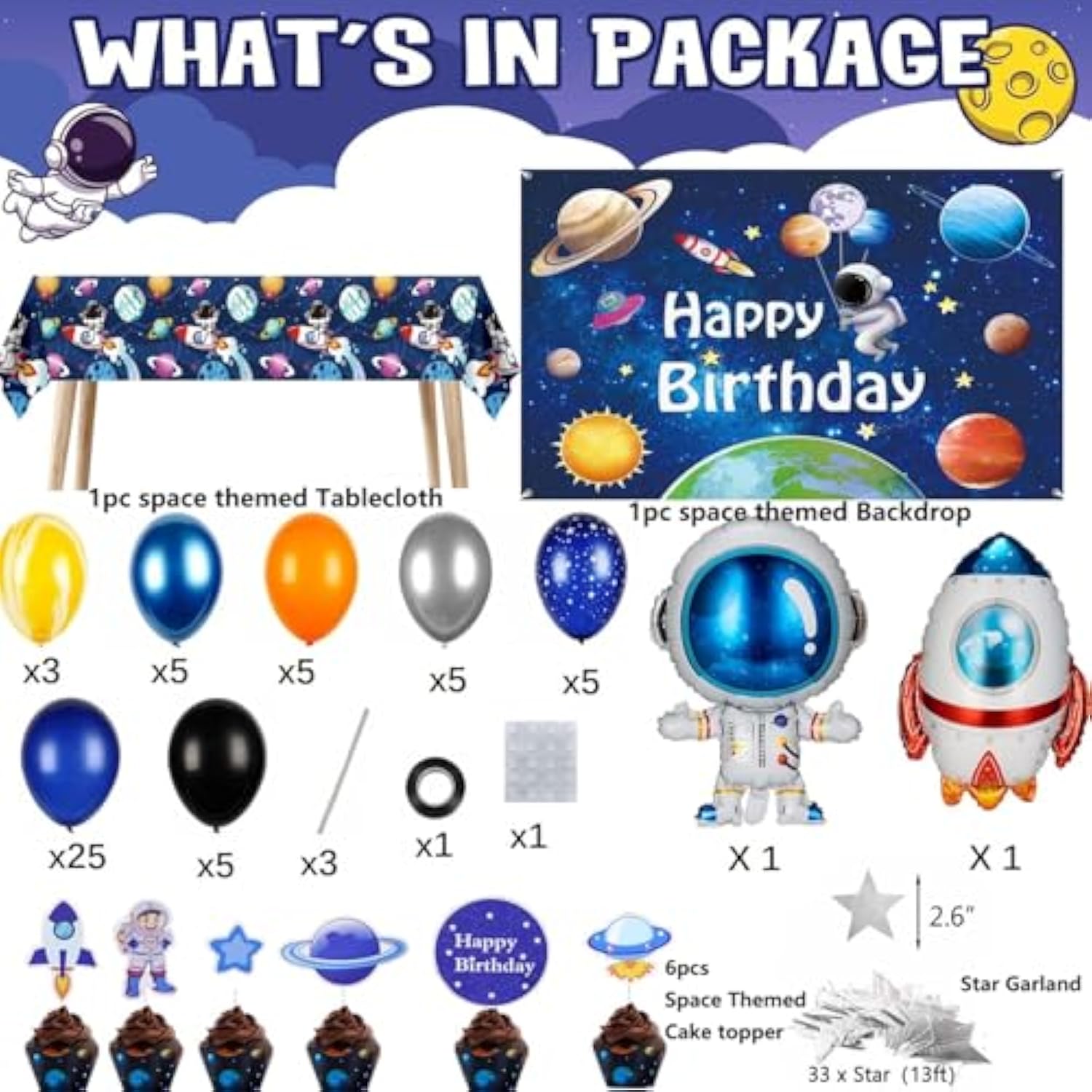 96Pcs Outer Space Astronaut Party Decorations - Galaxy Themed Party Supplies ?Happy Birthday Backdrop, Tablecloth, Star Garland ,Multi-Color Balloons And Rocket ?Astronaut Balloons , Cake Toppers.