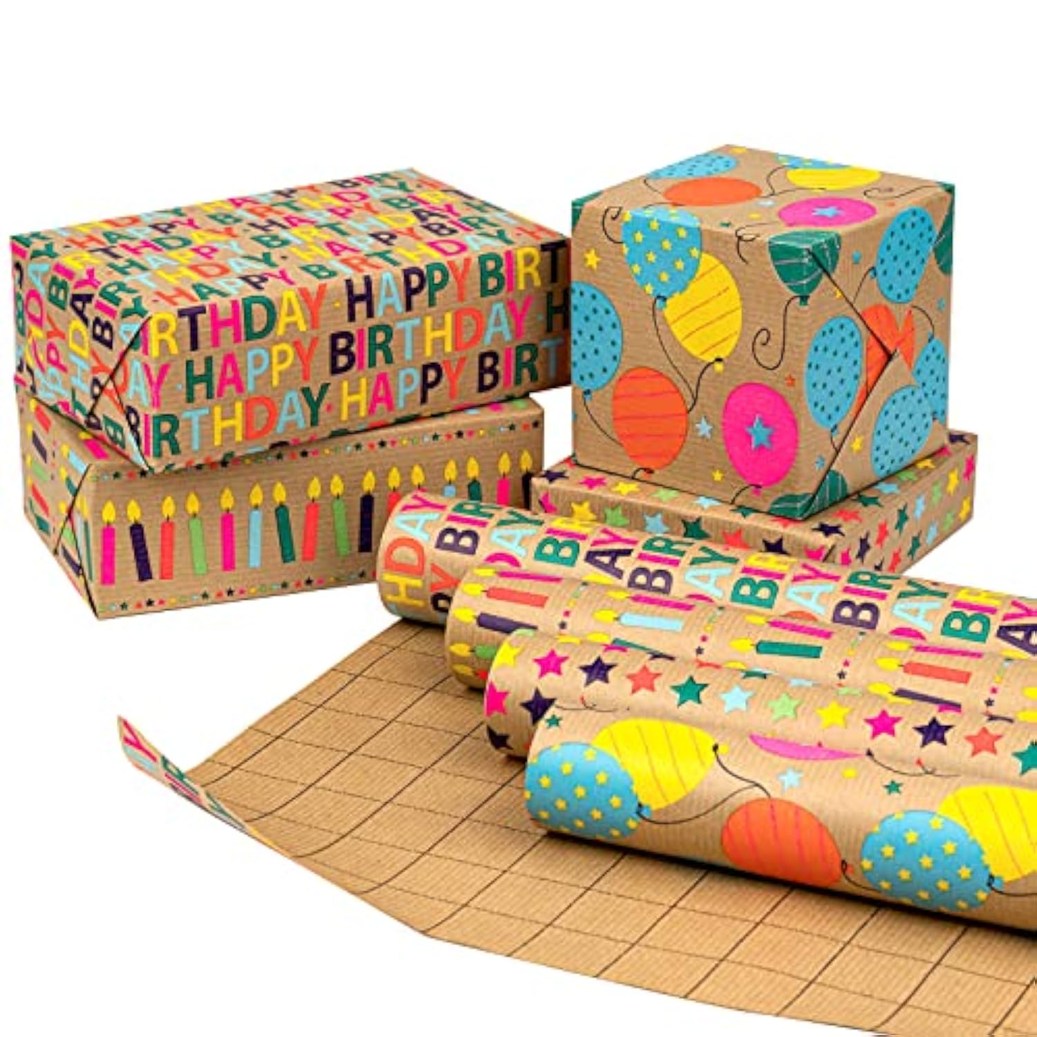 Kraft Birthday Wrapping Paper Rolls - Mini Roll - 17 Inches X 10 Feet Per Roll, Total Of 4 Rolls, Colorful Birthday
