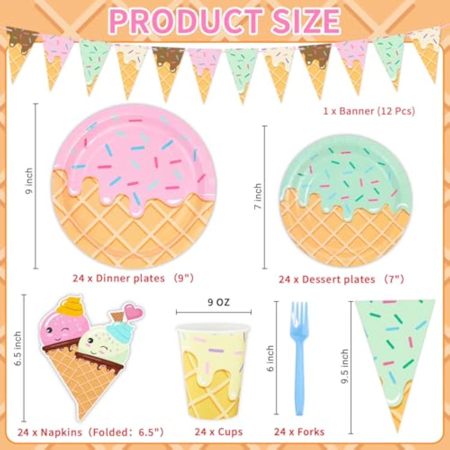 132 Pcs Ice Cream Birthday Party Supplies, Ice Cream Disposable Tableware Set Party Table Decorations For Girl, 9'' And 7'' Plates, Napkins, Cups, Forks, Banner, Serves 24