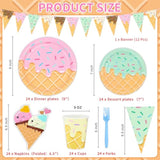 132 Pcs Ice Cream Birthday Party Supplies, Ice Cream Disposable Tableware Set Party Table Decorations For Girl, 9'' And 7'' Plates, Napkins, Cups, Forks, Banner, Serves 24