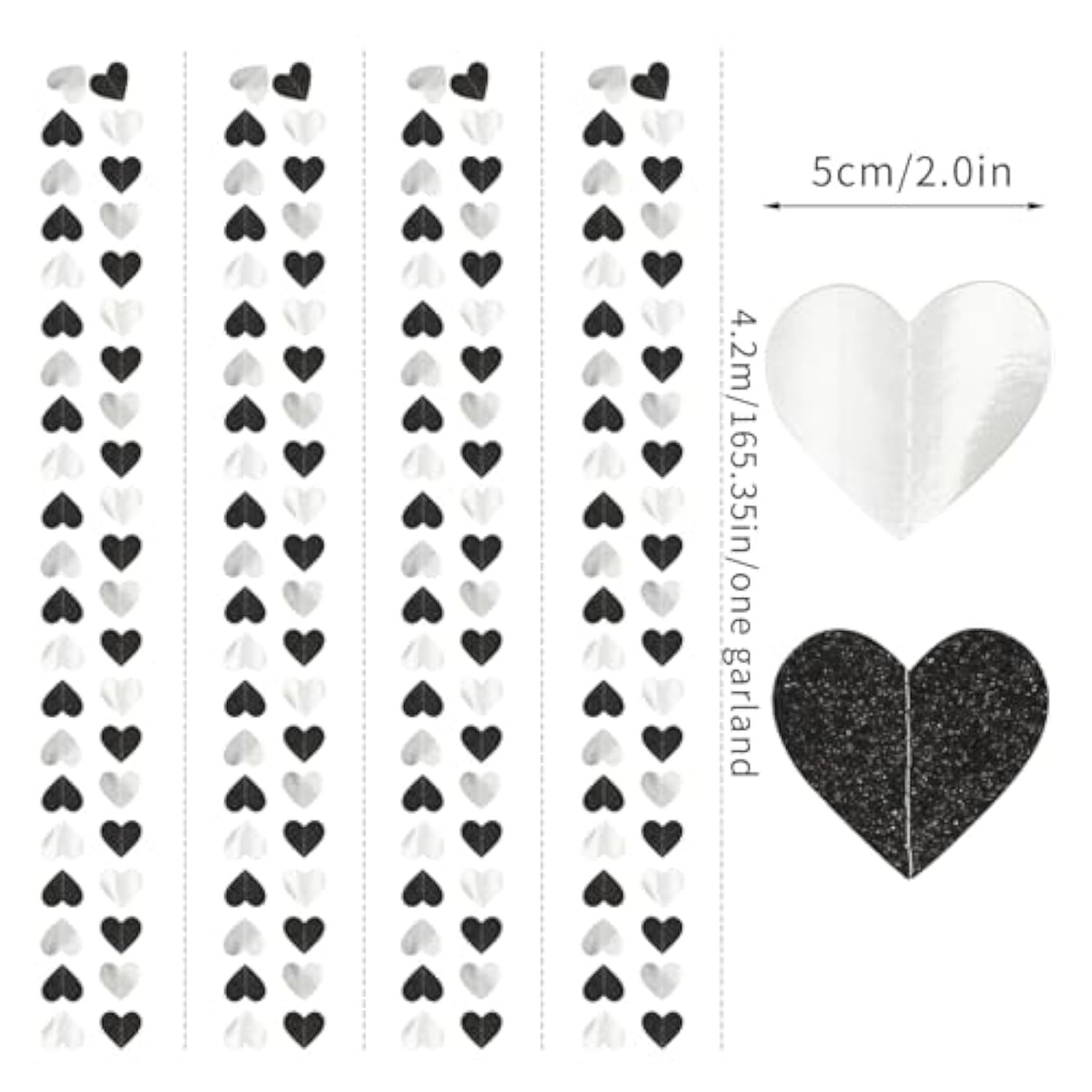 Black White Silver Heart Garland – 52ft Party & Event Hanging Décor