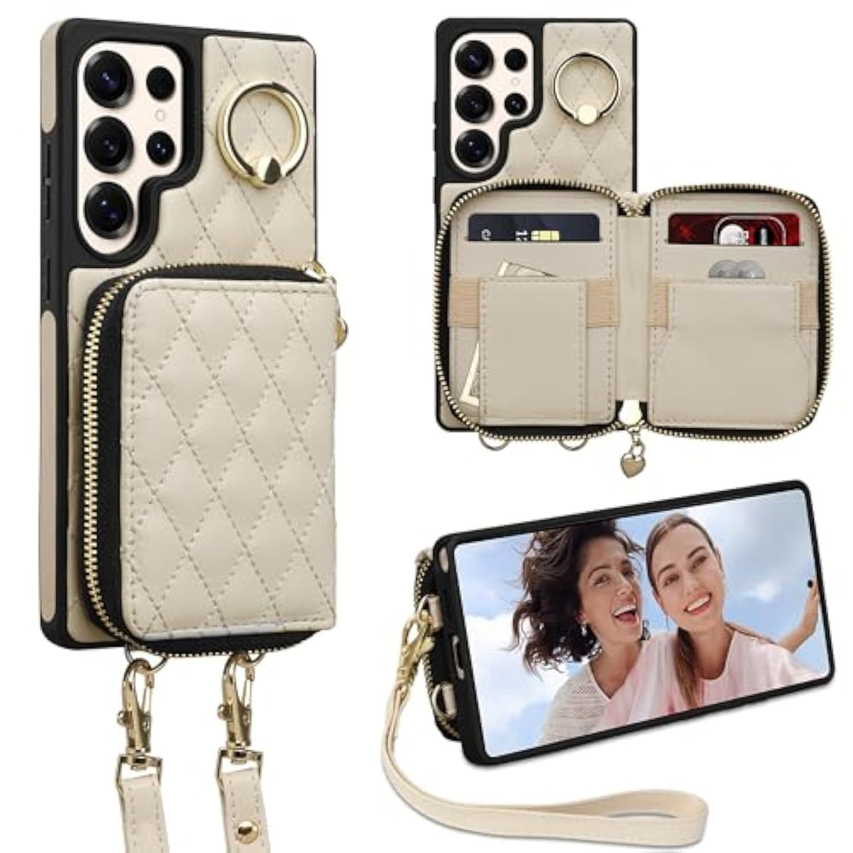 Case For Samsung Galaxy S25 Ultra 6.9'' Wallet Case,Crossbody Zipper Galaxy S25 Ultra Purse Wrist Strap Lanyard Handbag,Rfid Blocking Card Slots,Flip Leather Cover For Samsung S25 Ultra,Beige