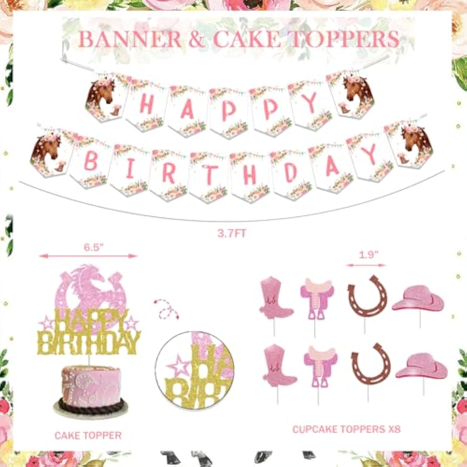 Horse Party Decorations For Girl, Floral Pink Brown Horse Western Themed Birthday Decorations Backdrop Balloon Garland Cutout Happy Birthday Banner Tablecloth Cake Cupcake Topper