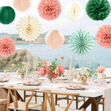 Sage-Green Pink-Beige Boho Party-Decorations Streamers - 14Pcs Rustic Neutral Wedding Olive Paper Honeycomb Lanterns Fan,Birthday Baby Bridal Shower Engagement Decor