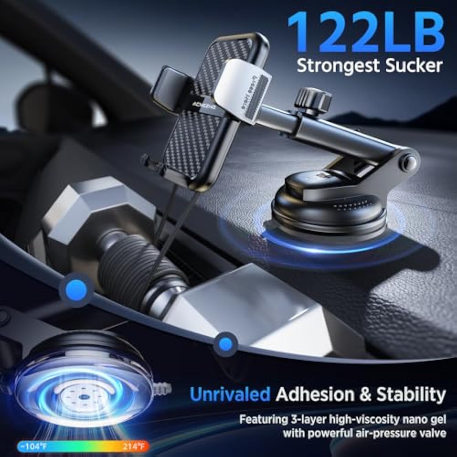 3-In-1 Car Phone Holder [122+Lbs Strongest Suction & Stable Clamp Arm] 360° Adjustable Car Phone Mount, Cell Phone Holders For Your Car For Dashboard Vent, All Smartphones & Car Models (Black)
