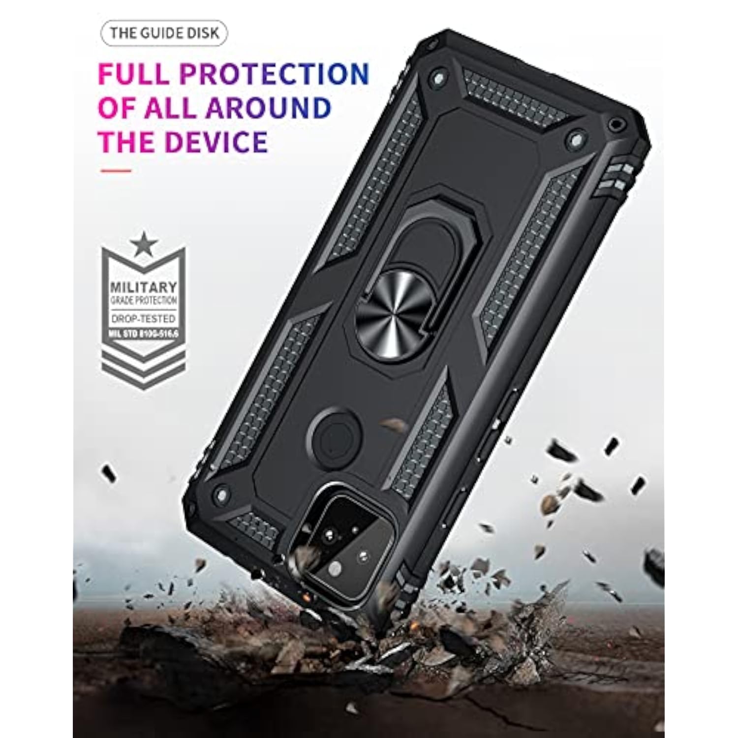 Google Pixel 4A 5G Heavy Duty Armor Case with 2 Pack Tempered Glass Screen Protector, Magnetic Ring Stand Phone Case Black