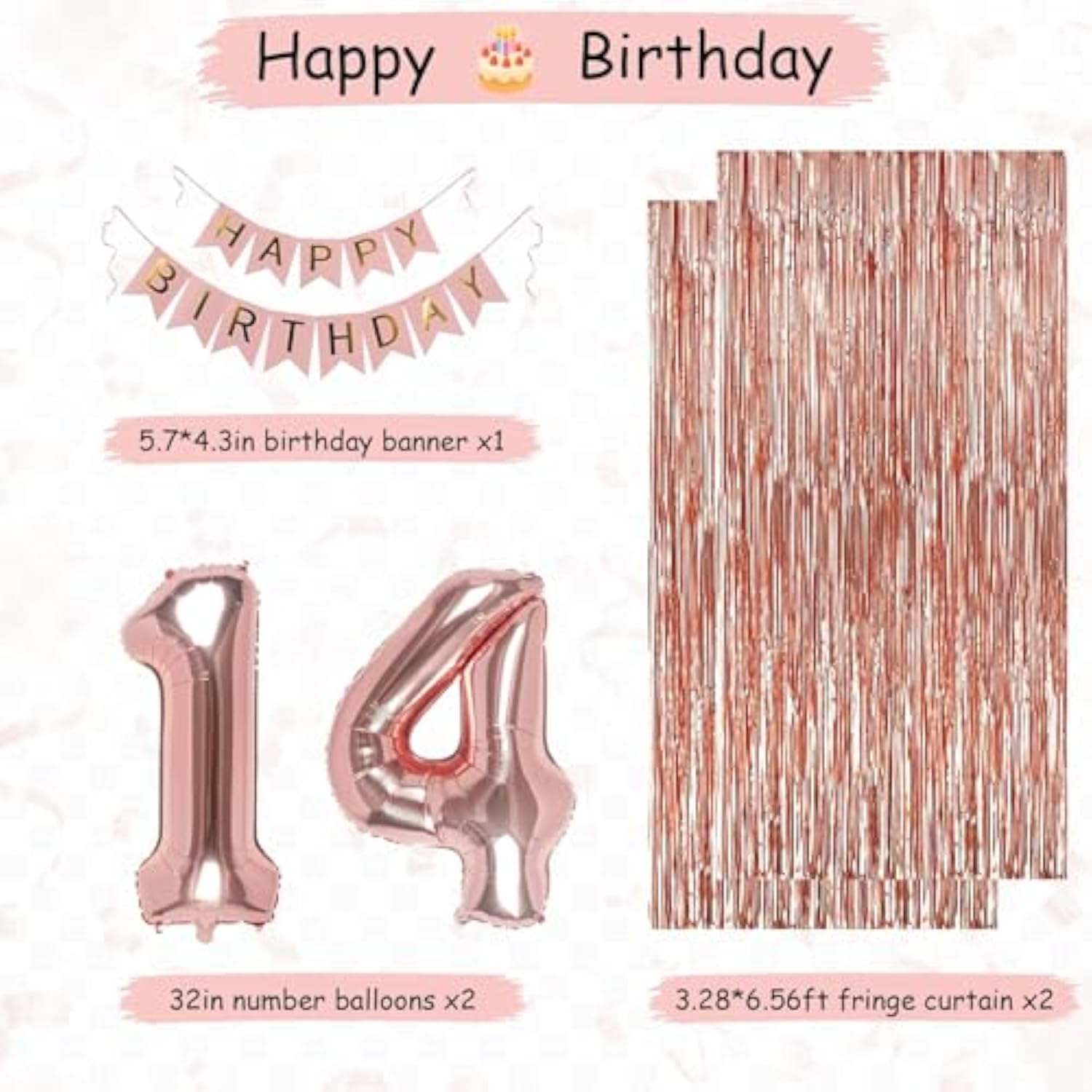 14Th Rose Gold Birthday Party Decorations For Girls, Rose Gold Happy Birthday Banner, Fringe Curtains, Heart Foil Balloons, Confetti Balloons, Cake Topper For 14Th Birthday Decorations