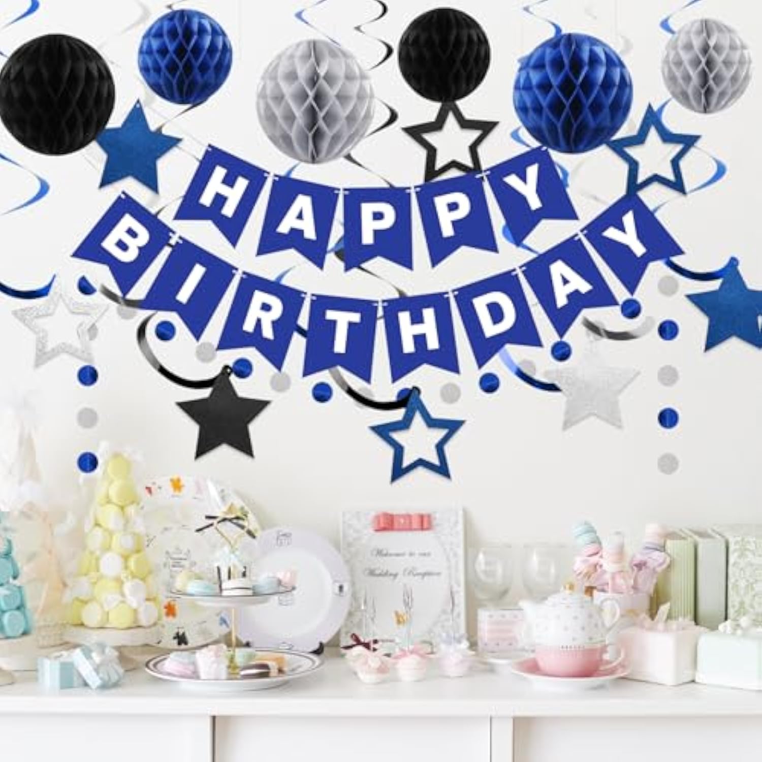 Birthday Decorations, Happy Birthday Banner With Honeycomb Balls, Star Hanging Swirl Streamer, Circle Dot Garland, Happy Birthday Party Decorations For Women Men Boys Girls (Blue & Silver)