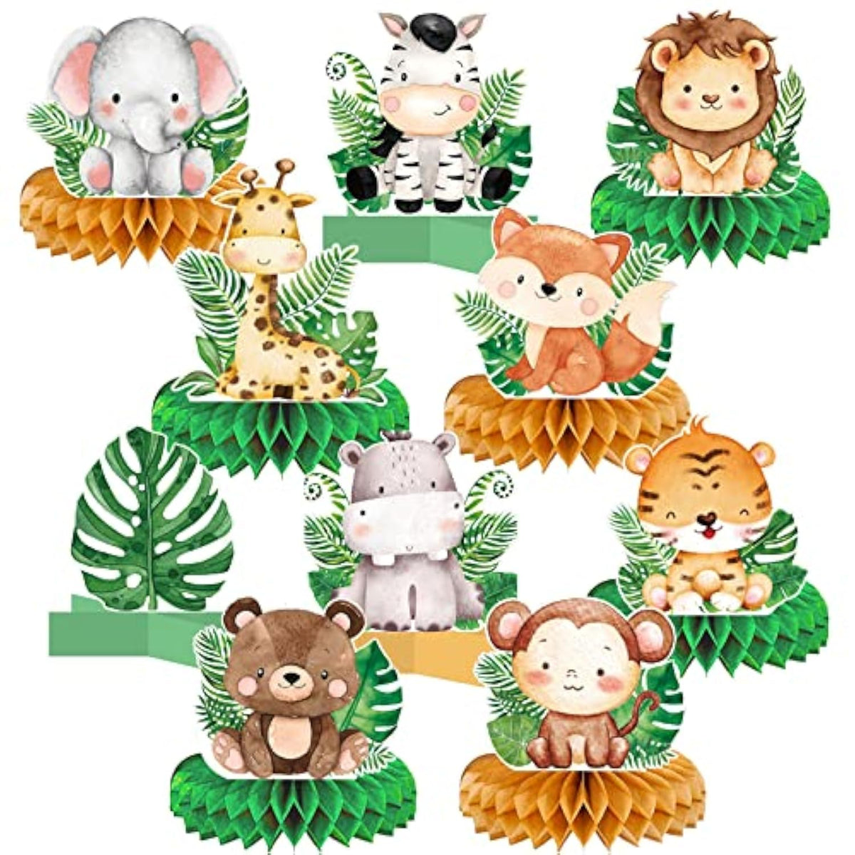 10 Pcs Baby Jungle Animals Honeycomb Centerpieces 3D Table Decorations
