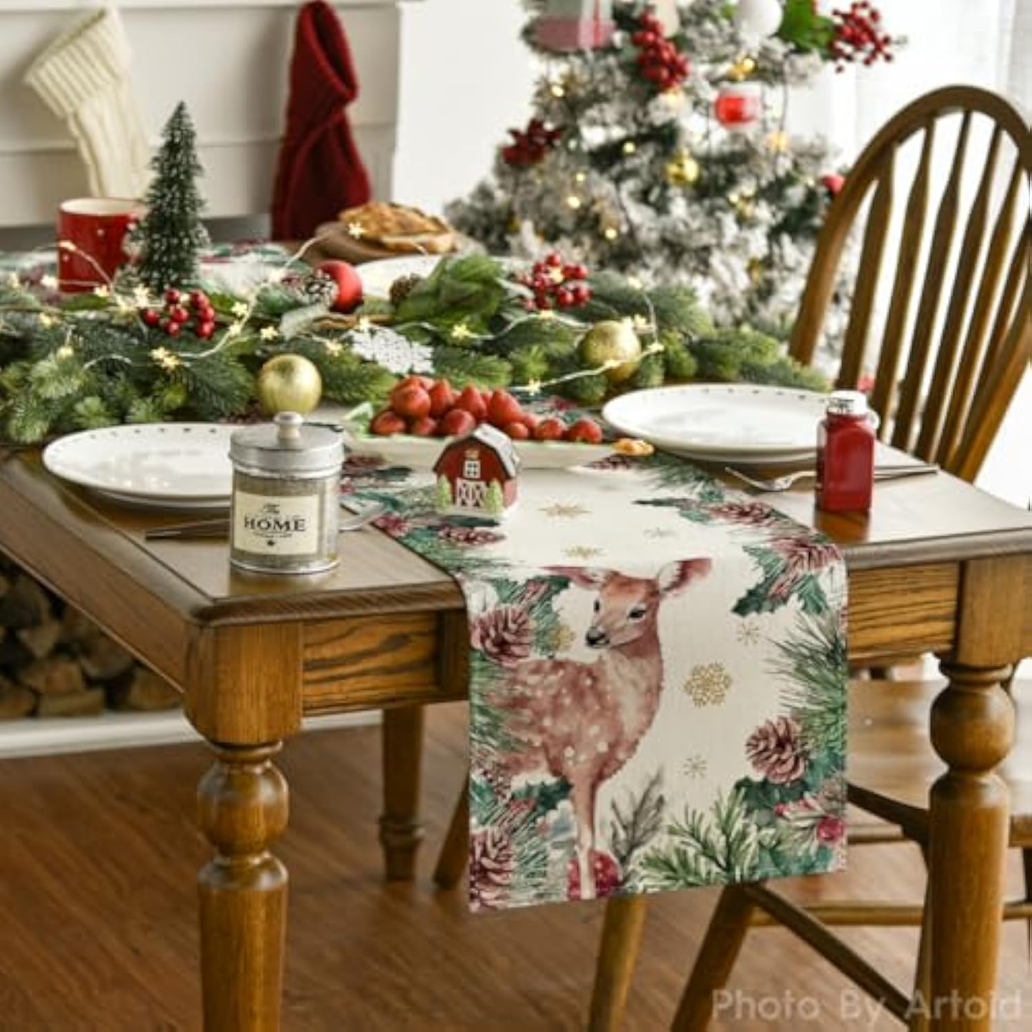 Reindeer Pine Cone Leaves Christmas Table Runner, Seasonal Winter Floral Kitchen Dining Table Decor For Home Party 13X72 Inch