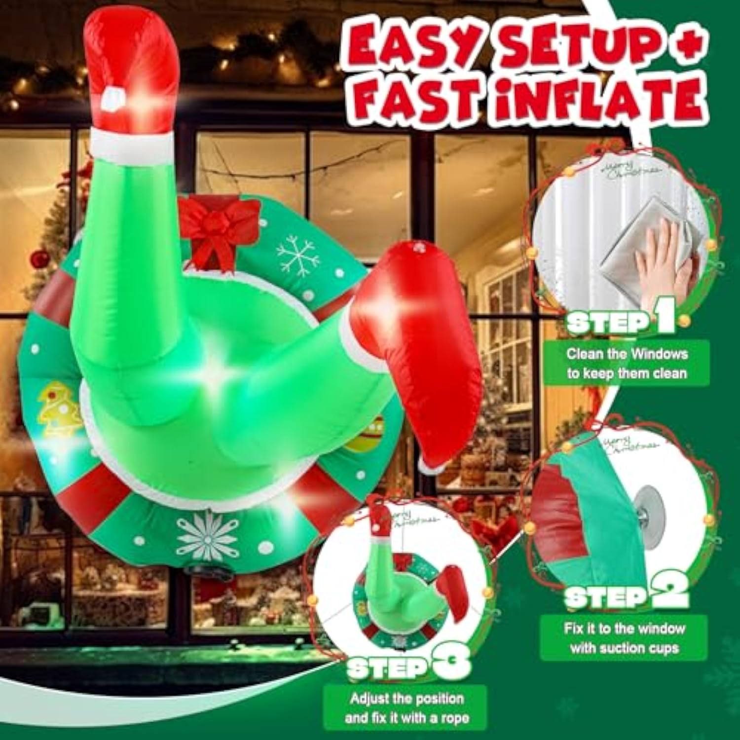 4Ft Christmas Inflatable Outdoor Window Decorations, Christmas Green Big Monster Broke In From Window Stuck In Wreath, B