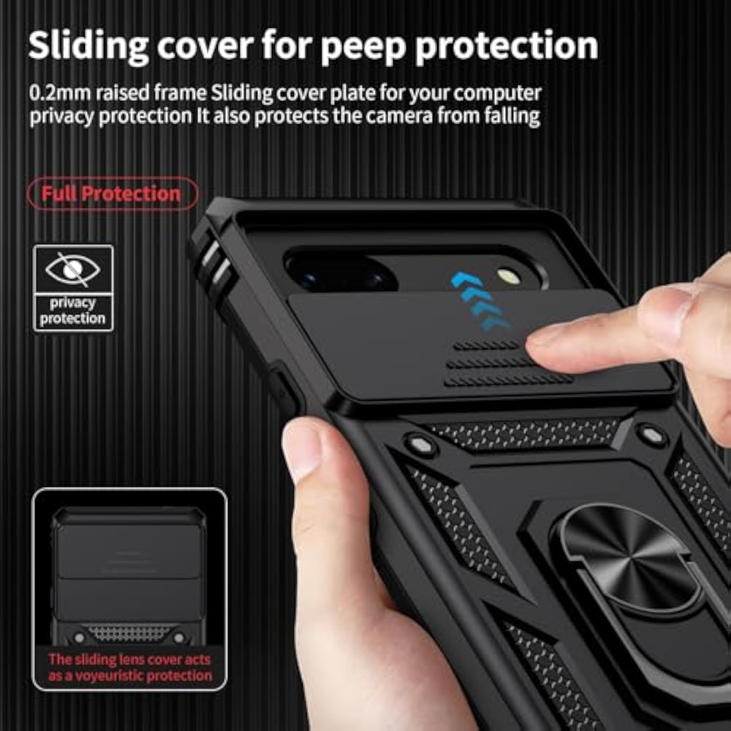 Google Pixel 7 Case with Camera Lens Cover, HD Screen Protector, 10 FT Military Grade Drop Protection, Magnetic Ring Holder Kickstand Protective Phone Case for Google Pixel 7, Black