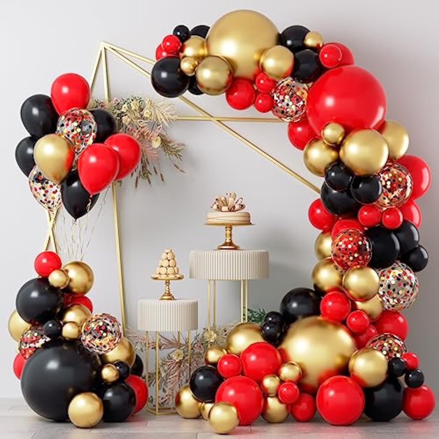 Red Black And Gold Balloons Garland Kit, 124Pcs Red Black Metallic Gol
